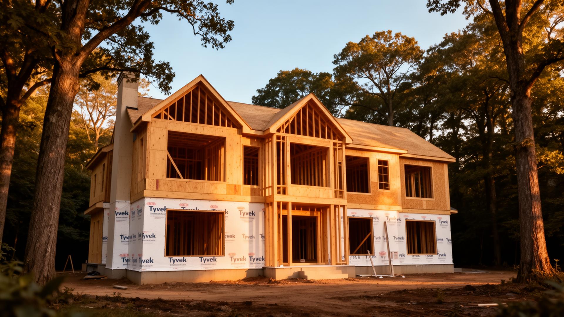 Luxury custom home under construction in the DC suburbs at golden hour