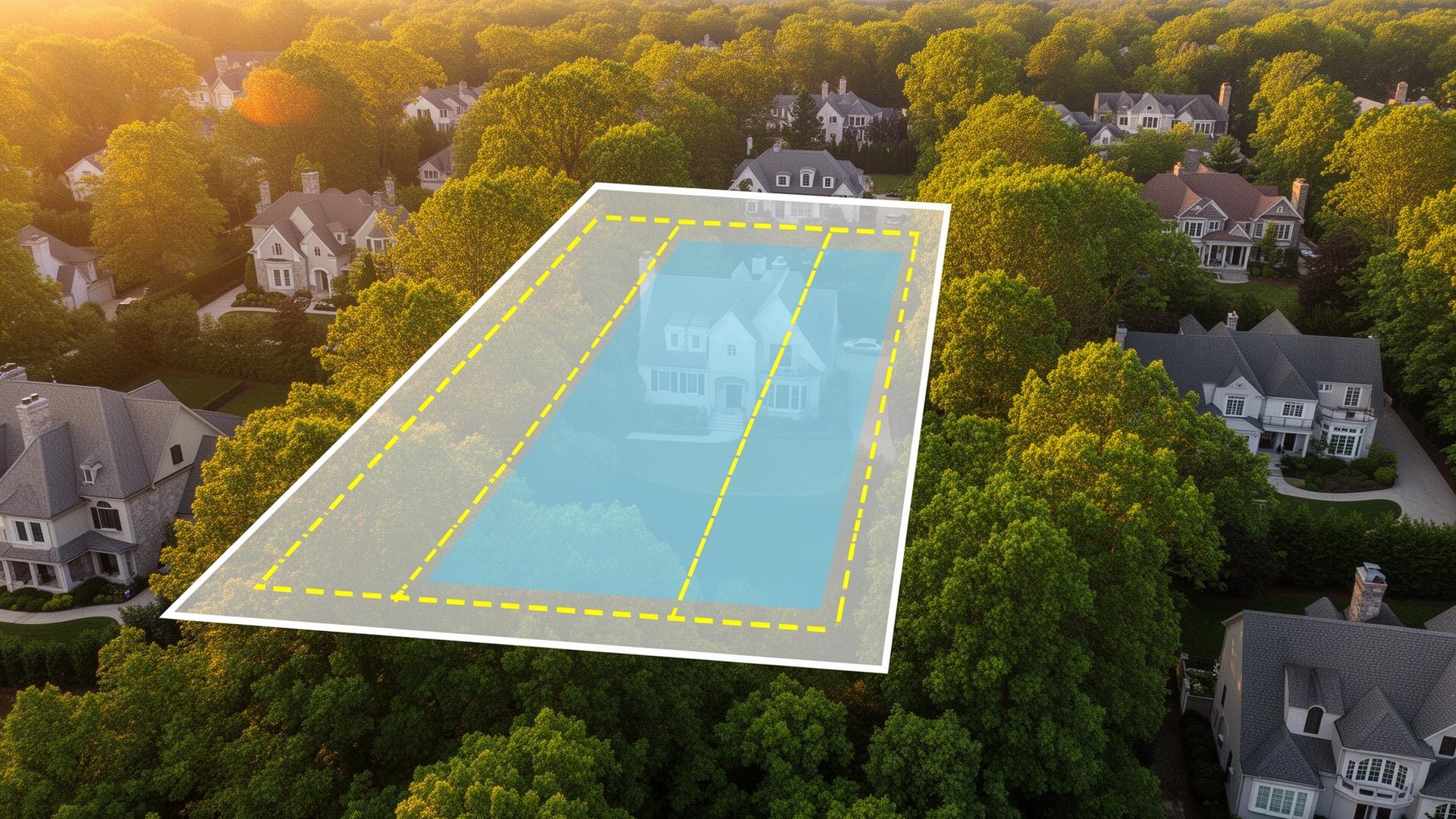Aerial view of residential lot with property lines and setback boundaries illustrated for custom home construction planning