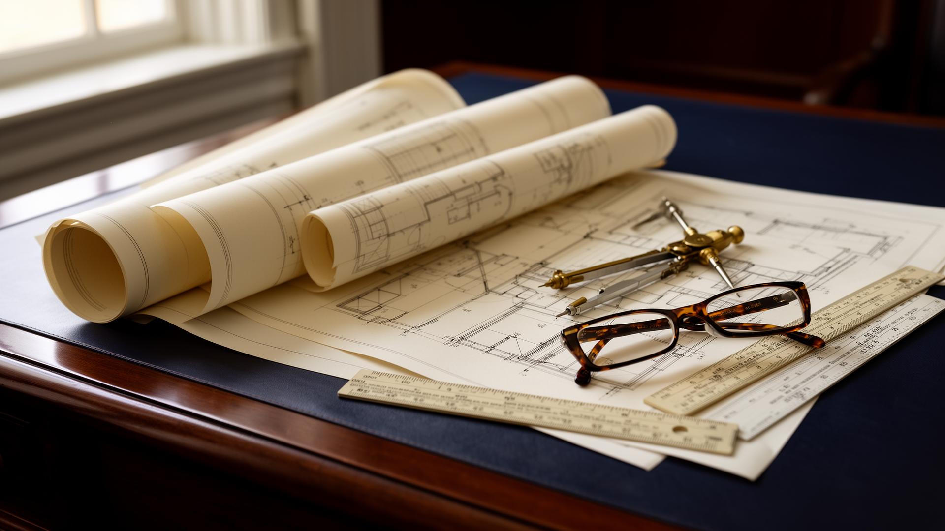 Architectural blueprints, brass compass and architect's scale on a dark walnut desk